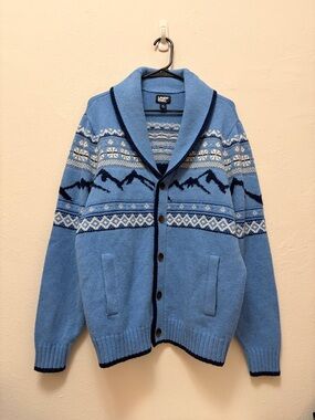 Lands' End Sky Blue Shawl Collar Fair Isle Cardigan with Navy Trim